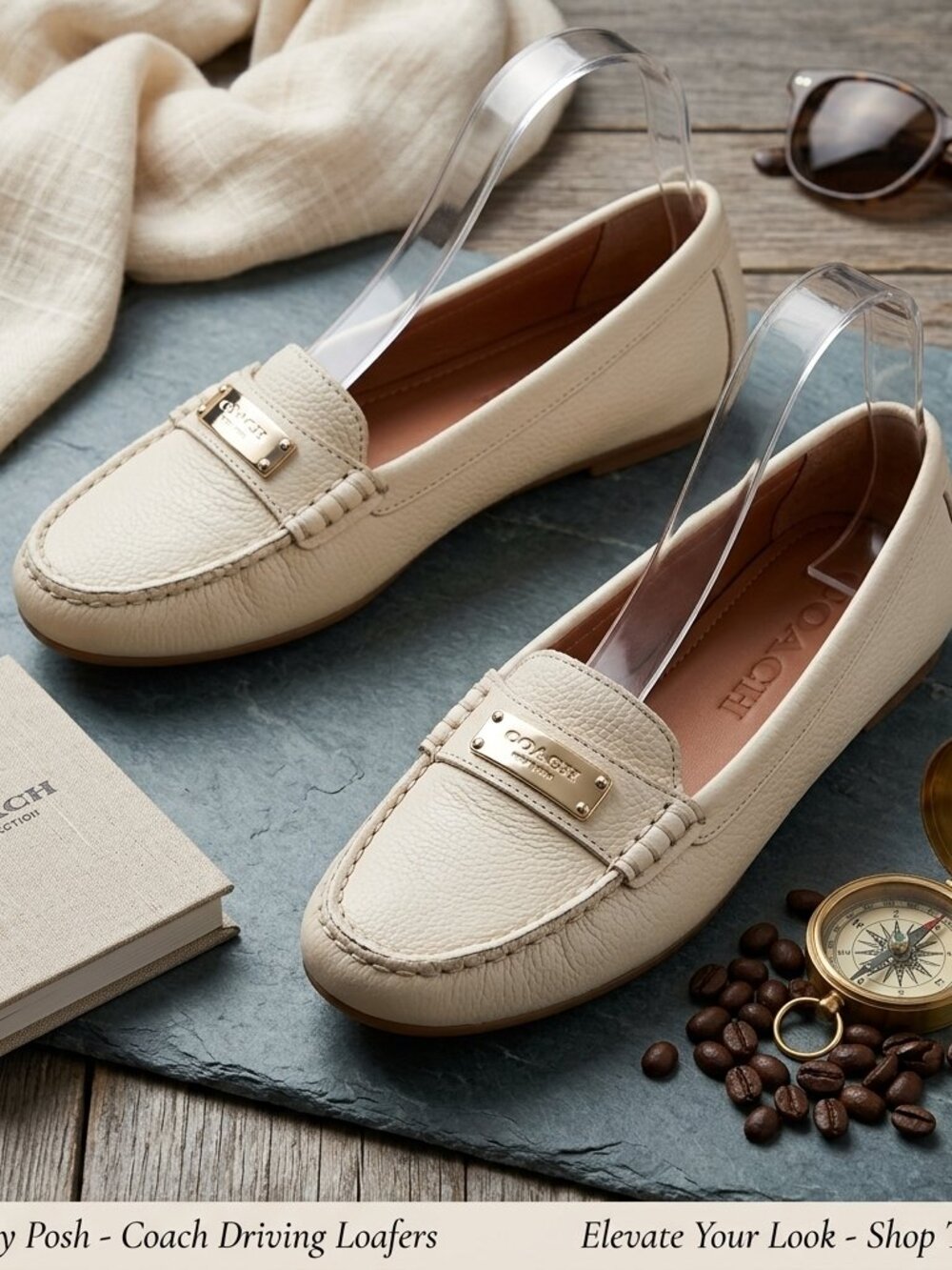 COACH Fredrica Chalk White Pebbled Leather Driving Loafers Flats Sz 10
